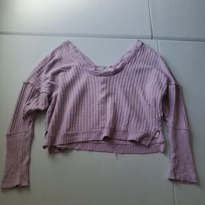 We The Free Top Womens XS Purple 100% Cotton V Neck Thermal Waffle Knit